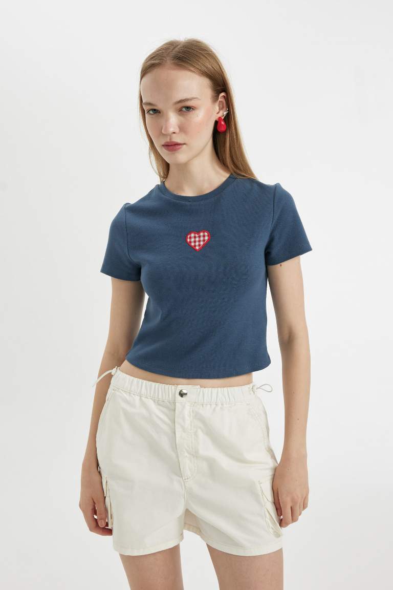 Fitted Embroidery Print Heart Pattern Ribbed T-Shirt