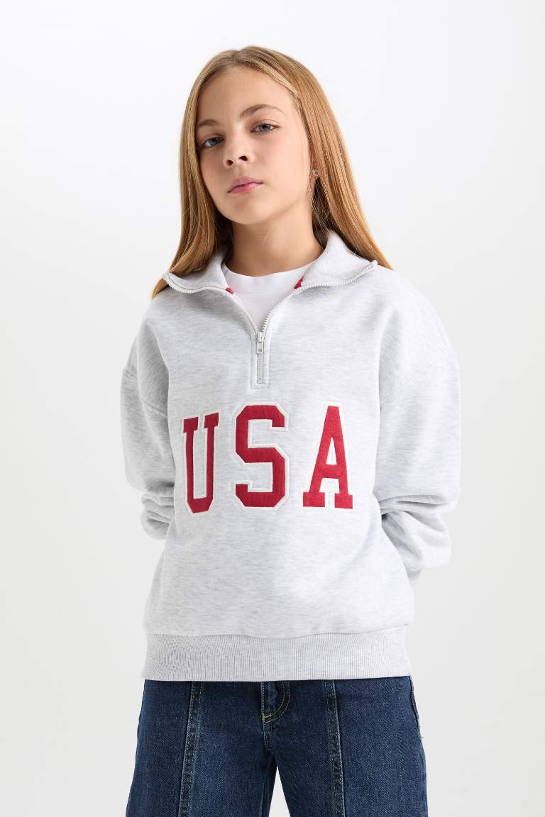 Girl Relax Fit Half Zipper Printed Sweatshirt with Soft Fur Inside