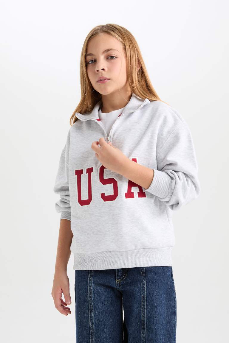 Girl Relax Fit Half Zipper Printed Sweatshirt with Soft Fur Inside