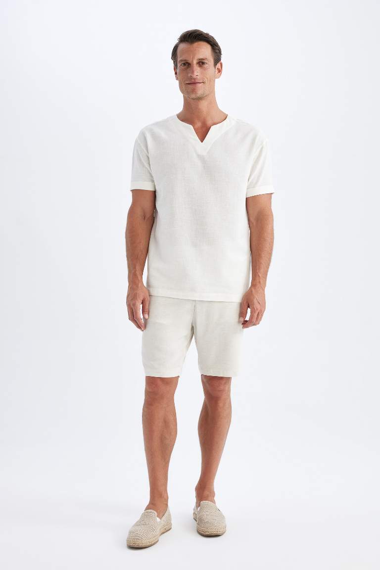 Straight Leg Linen Blend Shorts