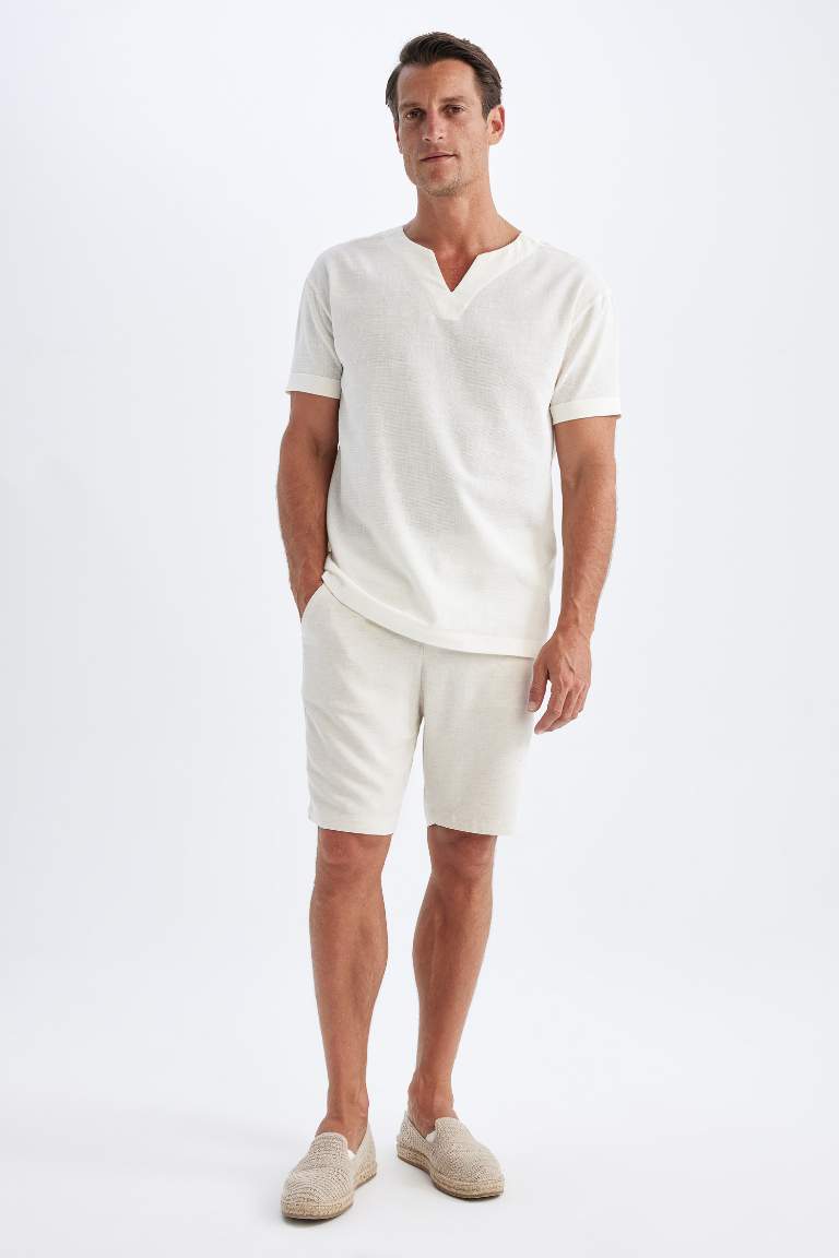 Straight Leg Linen Blend Shorts