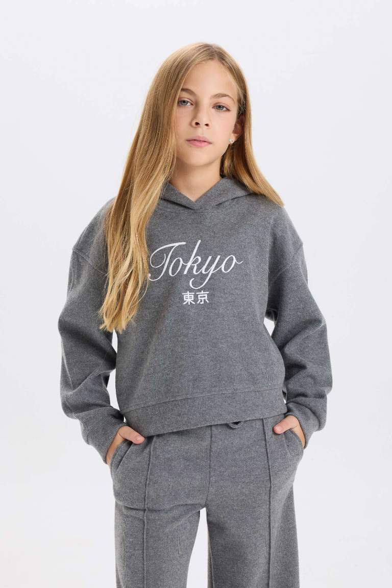 Girl Regular Fit Hooded Slogan Printed Sweatshirt