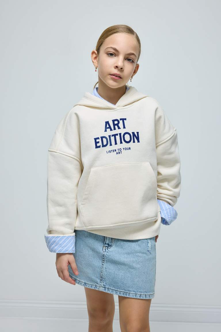 Girl Oversize Fit Pattern Hooded Printed Sweatshirt