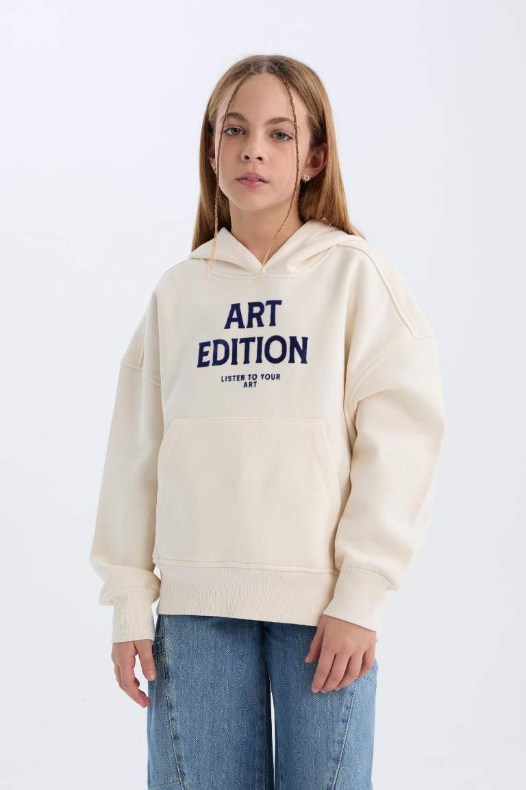 Girl Oversize Fit Pattern Hooded Printed Sweatshirt