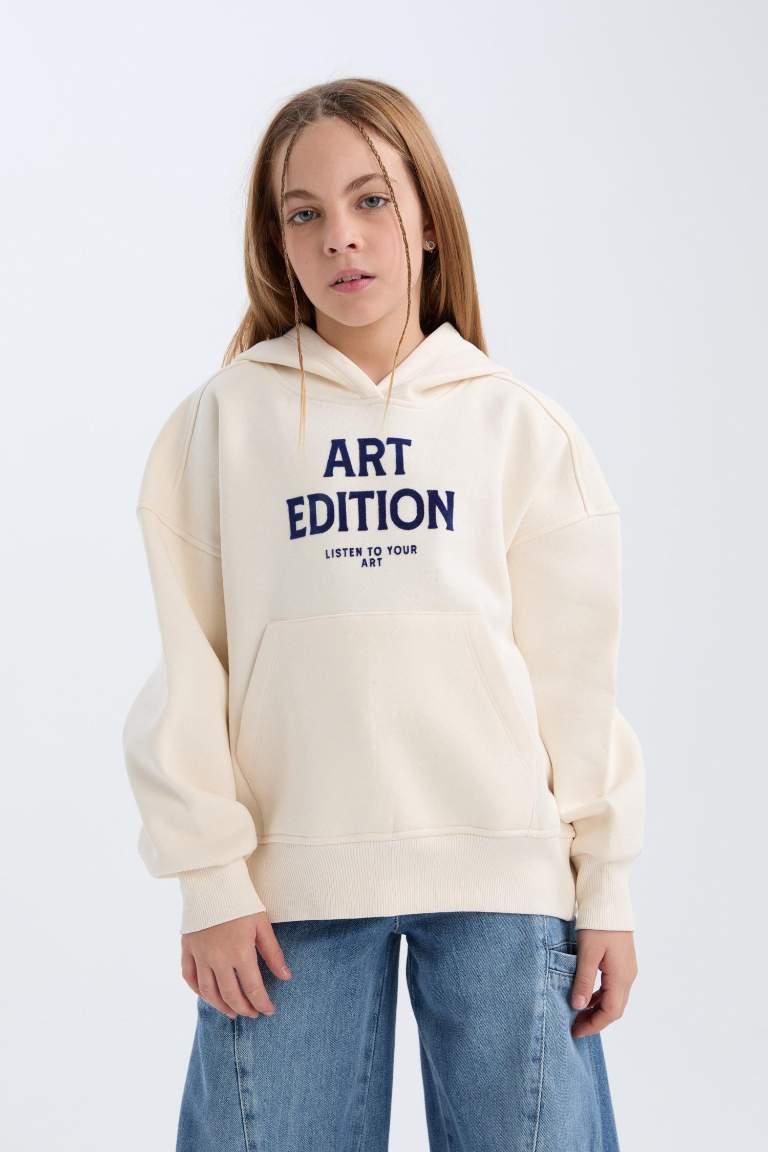 Girl Oversize Fit Pattern Hooded Printed Sweatshirt