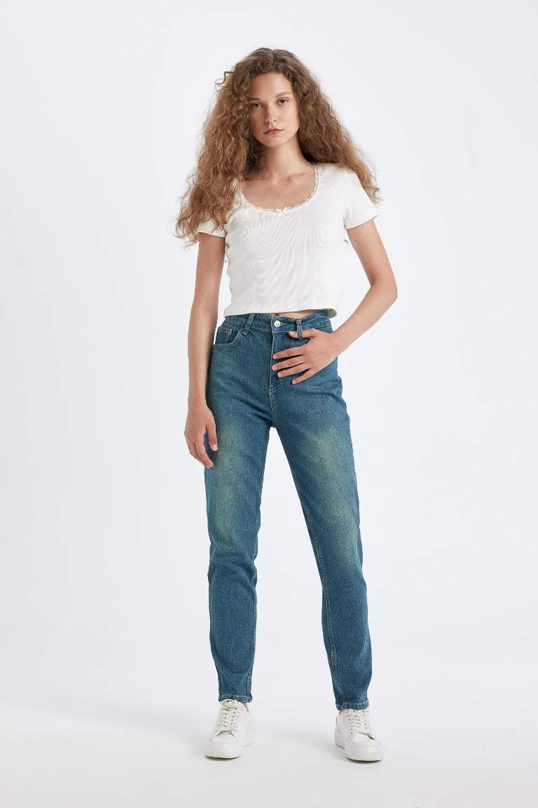 Comfort Mom Yüksek Bel Uzun Jean Yıkamalı Pantolon
