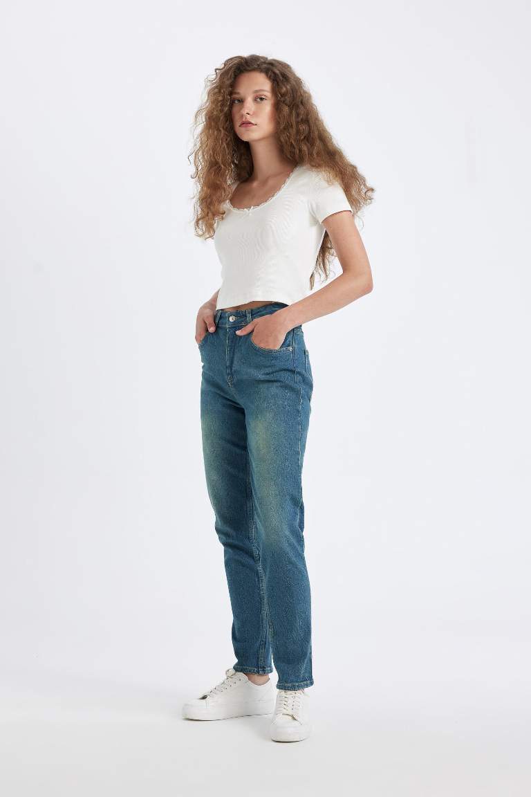 Comfort Mom Yüksek Bel Uzun Jean Yıkamalı Pantolon