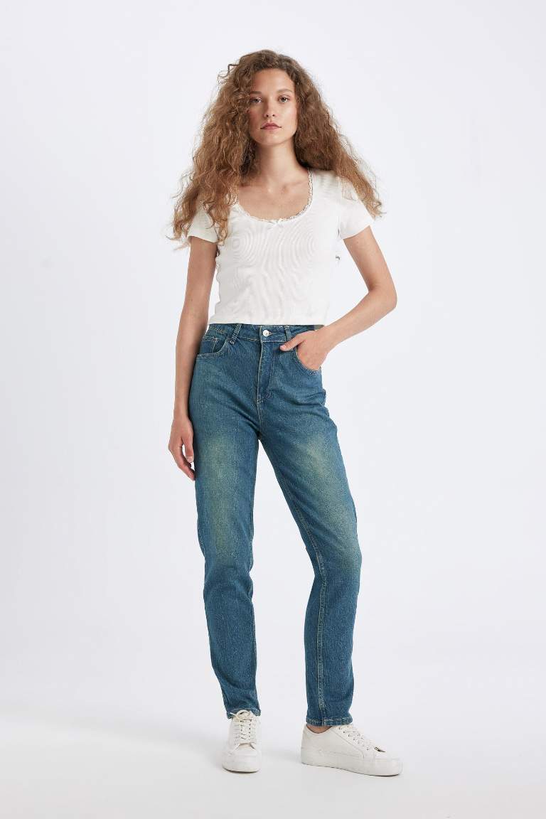 Comfort Mom Yüksek Bel Uzun Jean Yıkamalı Pantolon