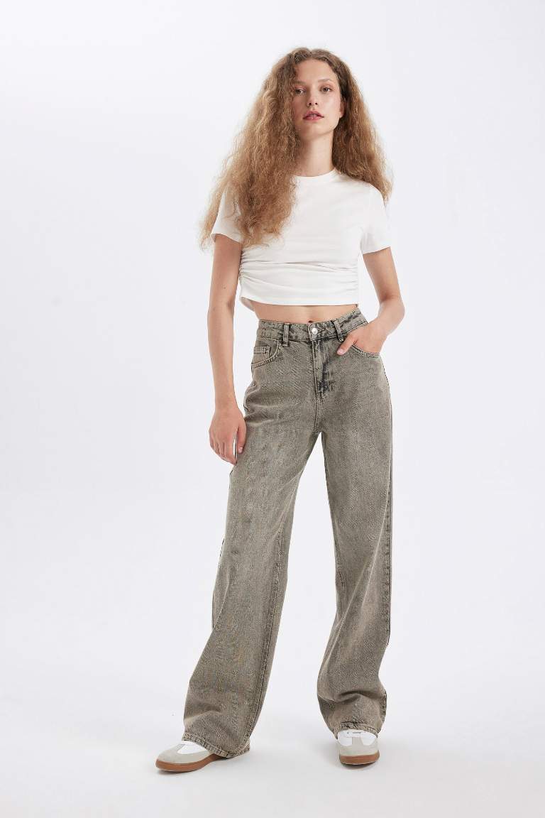 Straight Wide High Waist Long Washed Jeans