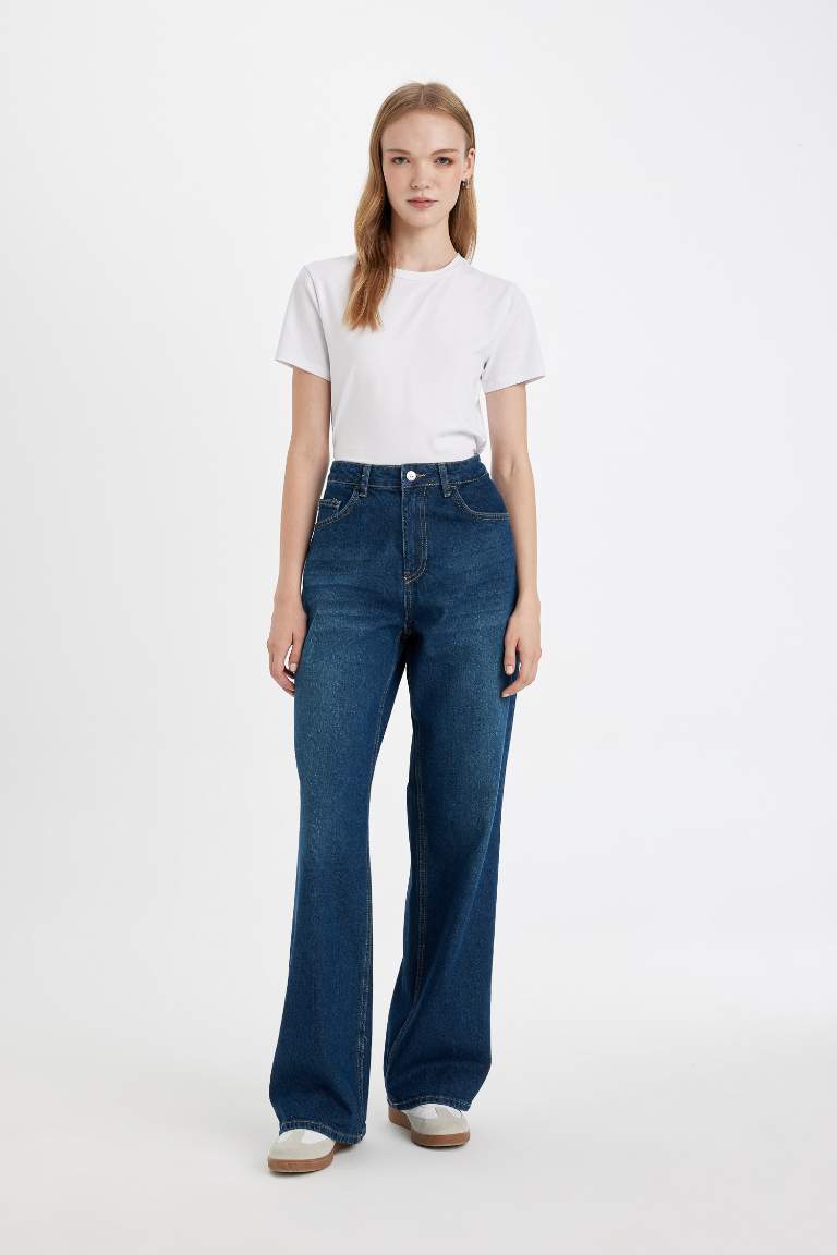 Straight Wide High Waist Long Washed Jeans