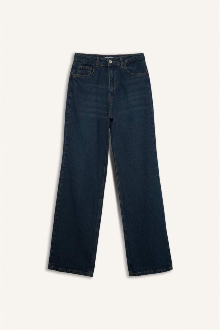 سروال جينز واسع برجل واسع وخصر عالي