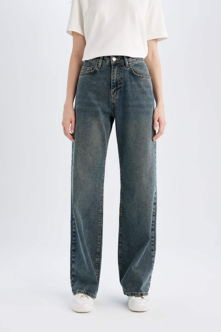 Straight Wide High Waist Long Washed Jeans