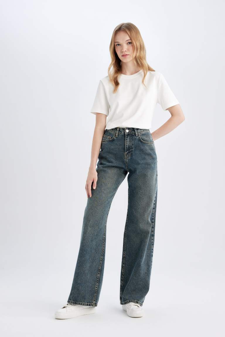 Straight Wide High Waist Long Washed Jeans