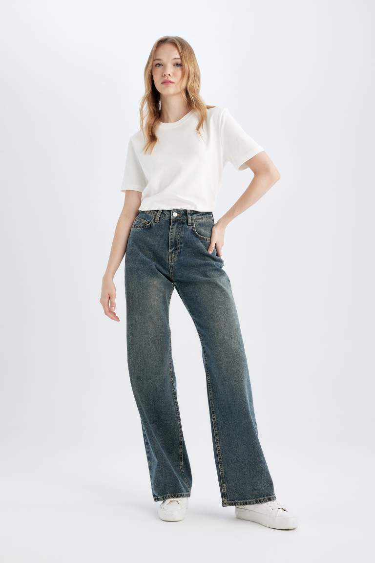 Straight Wide High Waist Long Washed Jeans