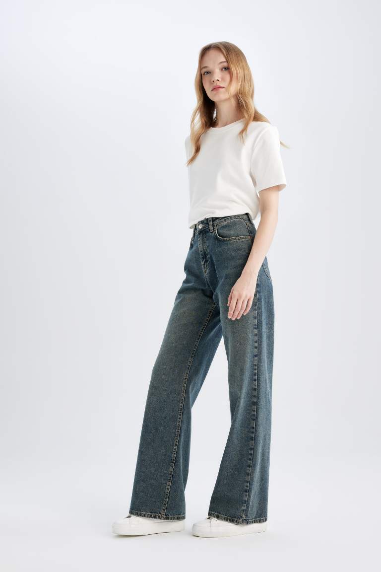 Straight Wide High Waist Long Washed Jeans