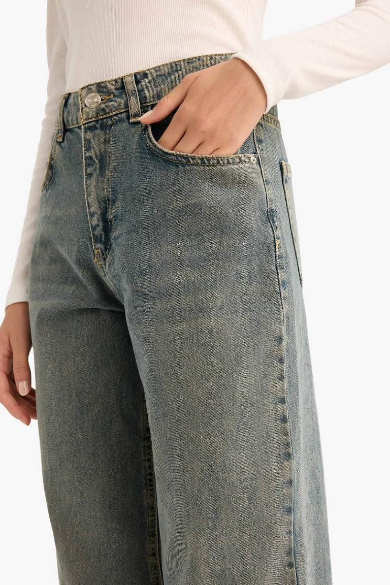Straight Wide Yüksek Bel Uzun Jean Yıkamalı Pantolon