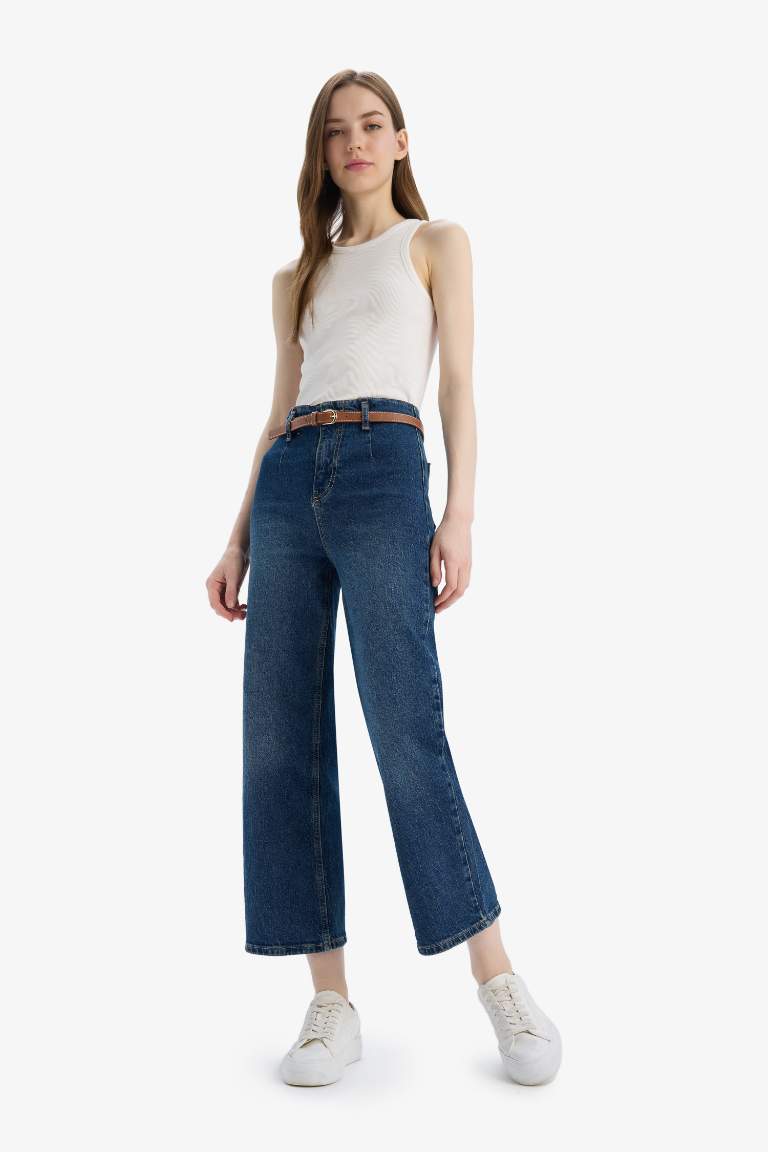 Culotte High Waist Ankle Length Washed Jeans