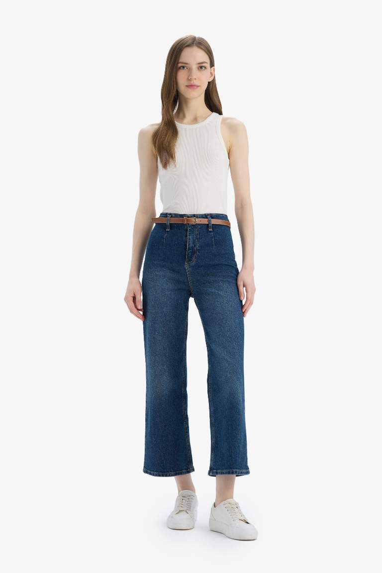 Culotte High Waist Ankle Length Washed Jeans