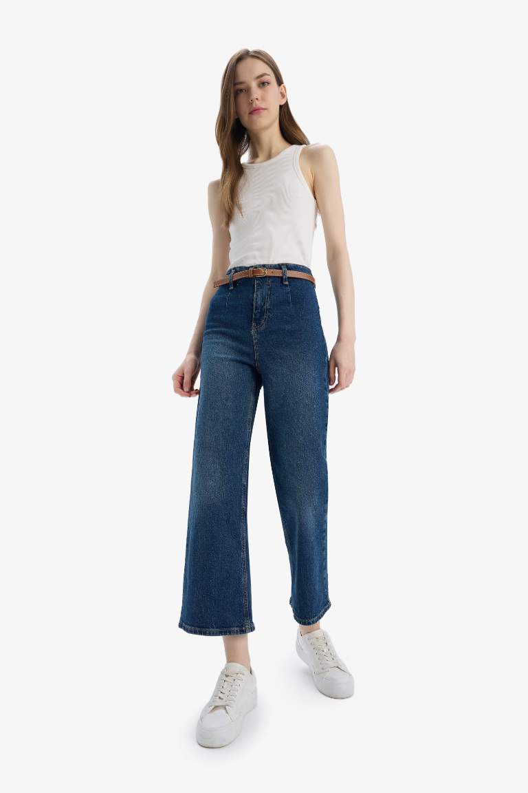 Culotte High Waist Ankle Length Washed Jeans