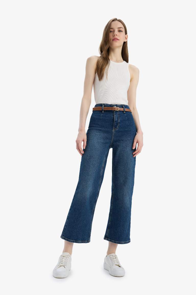 Culotte High Waist Ankle Length Washed Jeans