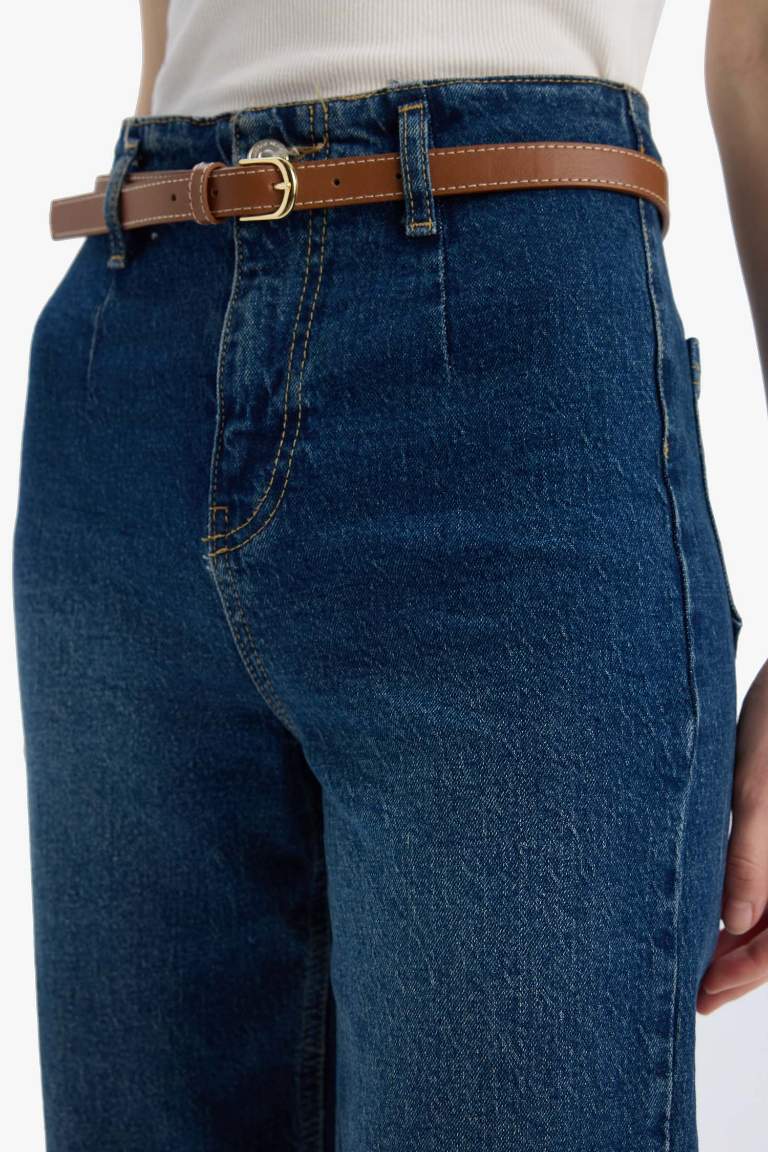 Culotte Yüksek Bel Bilek Boy Jean Yıkamalı Pantolon