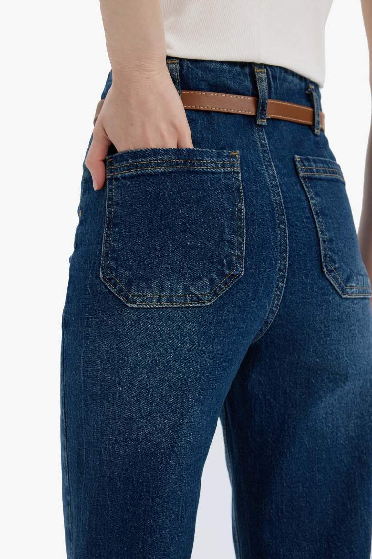 Culotte Yüksek Bel Bilek Boy Jean Yıkamalı Pantolon