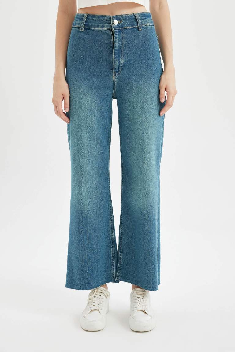 Culotte High Waist Ankle Length Washed Jeans