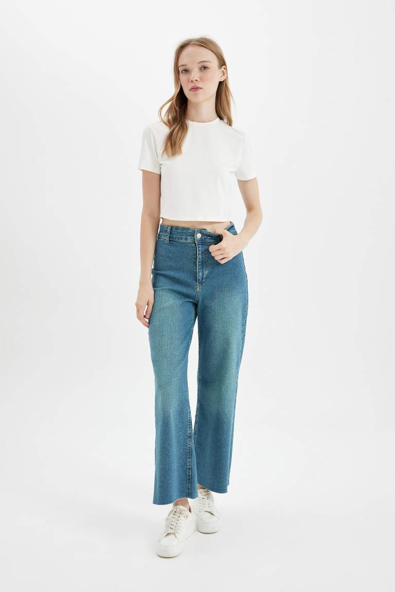 Culotte Yüksek Bel Kısa Geniş Paça Bilek Boy Jean Yıkamalı Pantolon