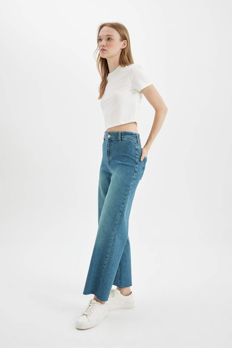 Culotte Yüksek Bel Kısa Geniş Paça Bilek Boy Jean Yıkamalı Pantolon