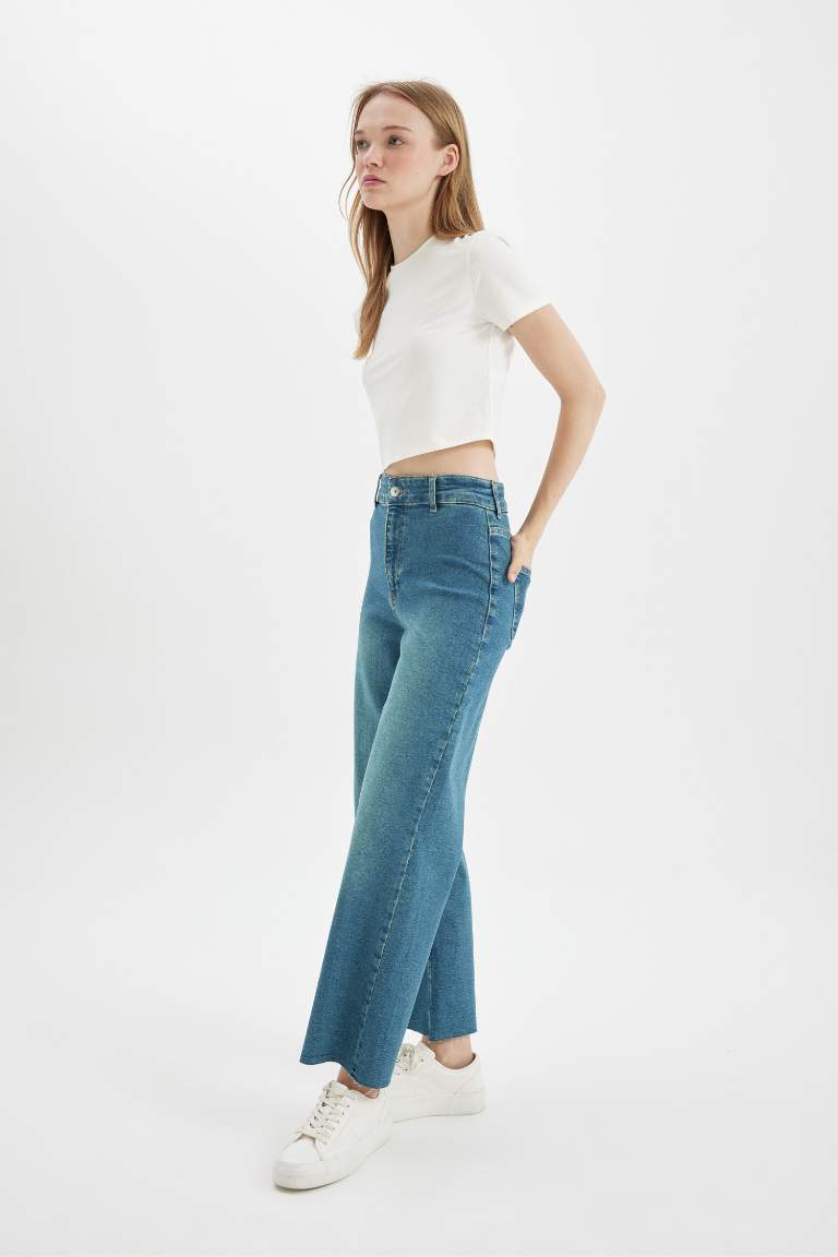 Culotte High Waist Ankle Length Washed Jeans