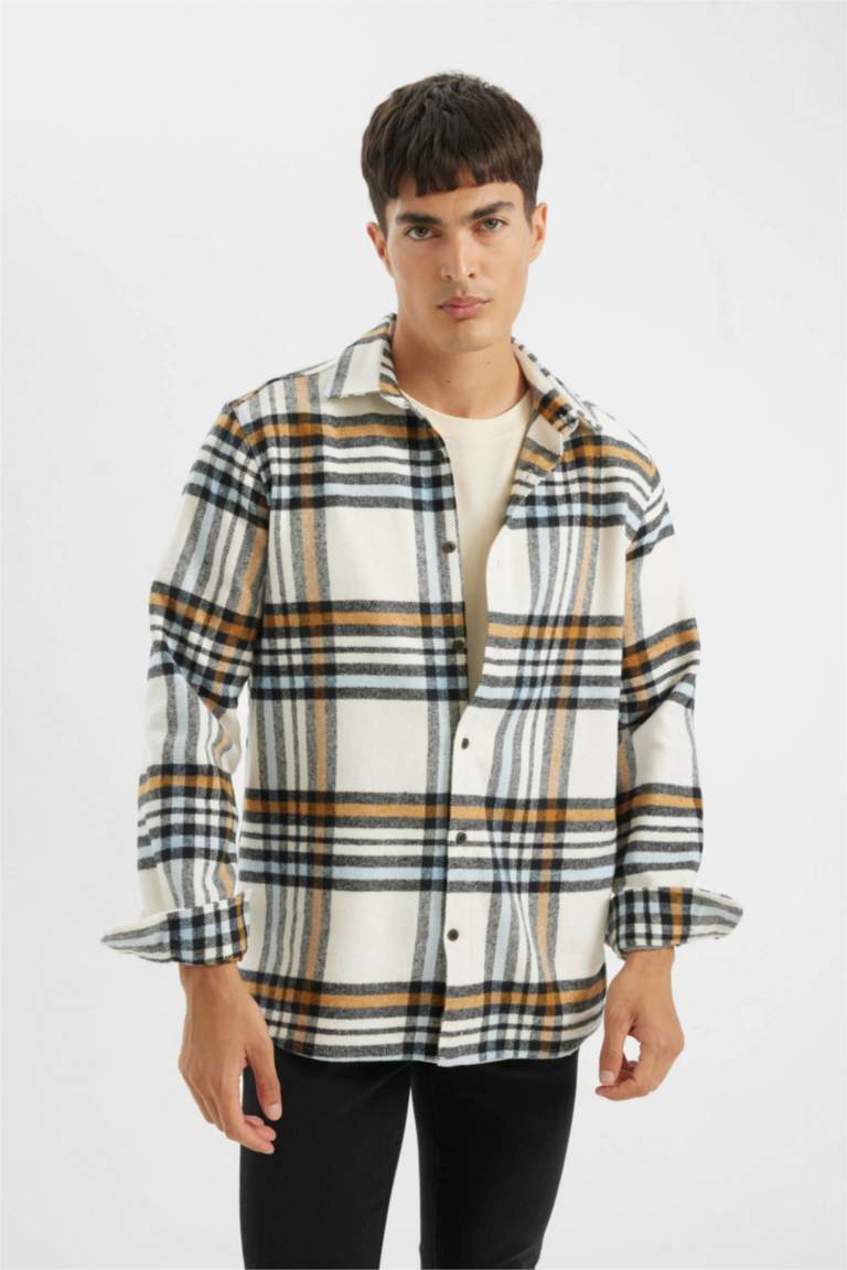 Regular Fit Düğmeli Polo Yaka Kareli Oduncu Flanel Uzun Kollu Gömlek