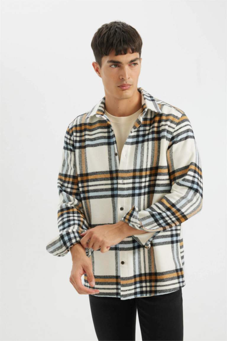 Regular Fit Düğmeli Polo Yaka Kareli Oduncu Flanel Uzun Kollu Gömlek