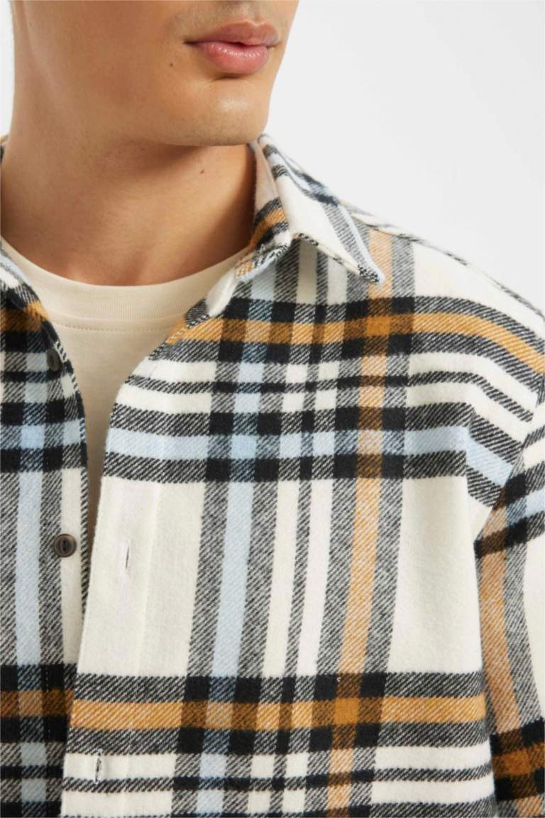 Regular Fit Düğmeli Polo Yaka Kareli Oduncu Flanel Uzun Kollu Gömlek