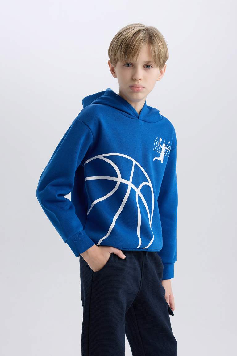 Boy Hooded Sports Printed Thick Sweatshirt