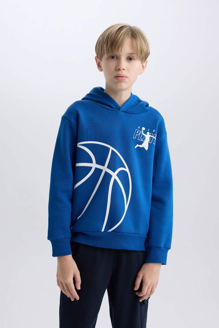 Boy Hooded Sports Printed Thick Sweatshirt