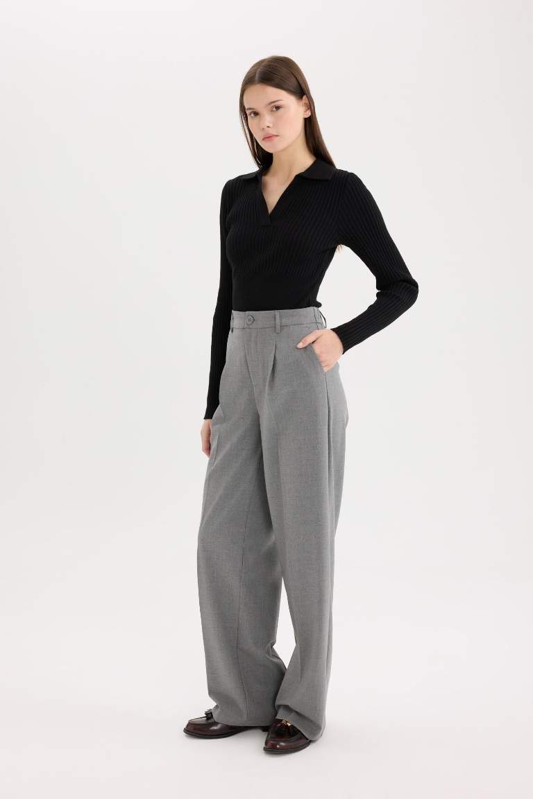 Klasik Kumaş Palazzo Pantolon Wide Leg Geniş Bol Paça Çift Cepli Yüksek Bel Standart Boy Basic Düz