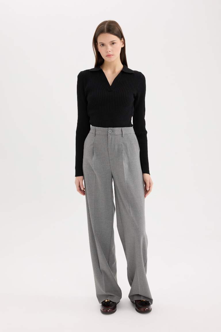 Klasik Kumaş Palazzo Pantolon Wide Leg Geniş Bol Paça Çift Cepli Yüksek Bel Standart Boy Basic Düz