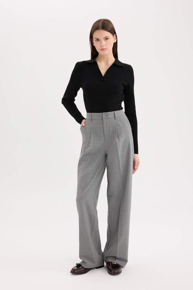 Klasik Kumaş Palazzo Pantolon Wide Leg Geniş Bol Paça Çift Cepli Yüksek Bel Standart Boy Basic Düz