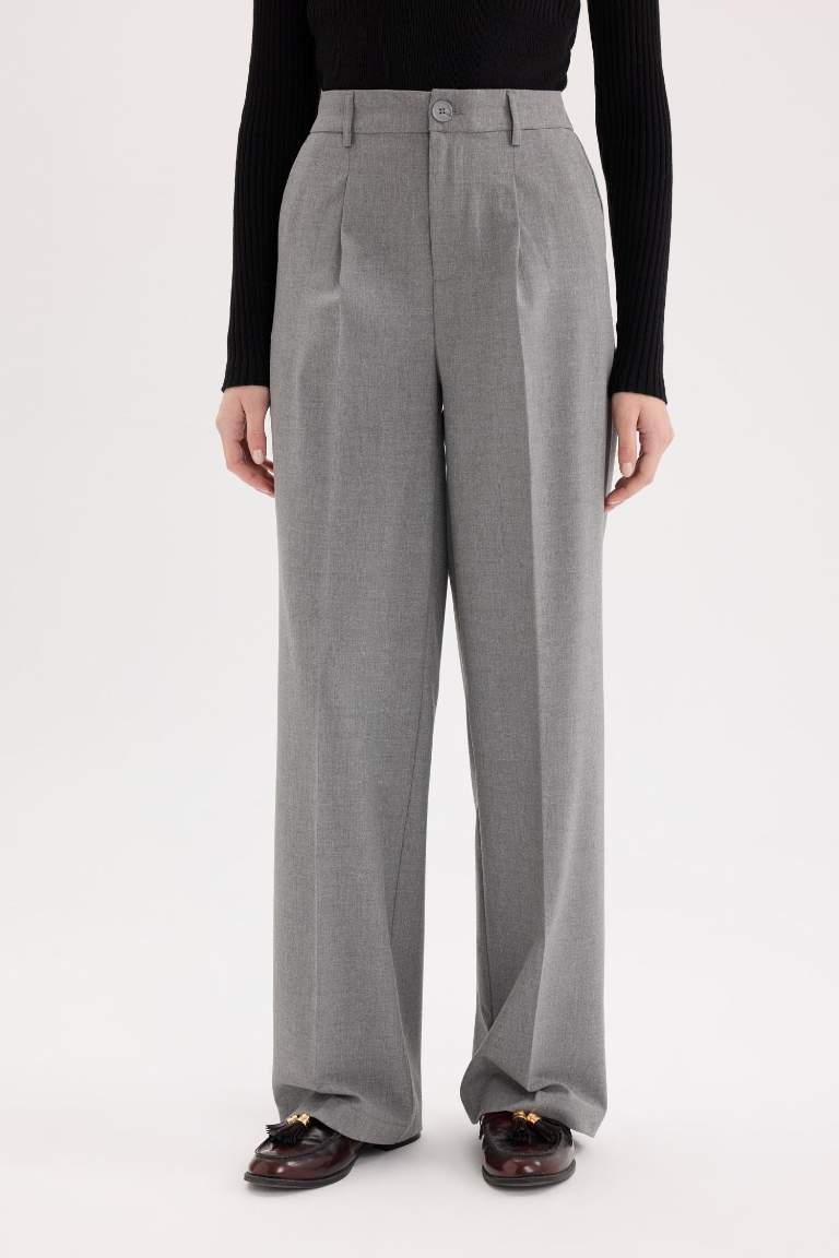 Klasik Kumaş Palazzo Pantolon Wide Leg Geniş Bol Paça Çift Cepli Yüksek Bel Standart Boy Basic Düz