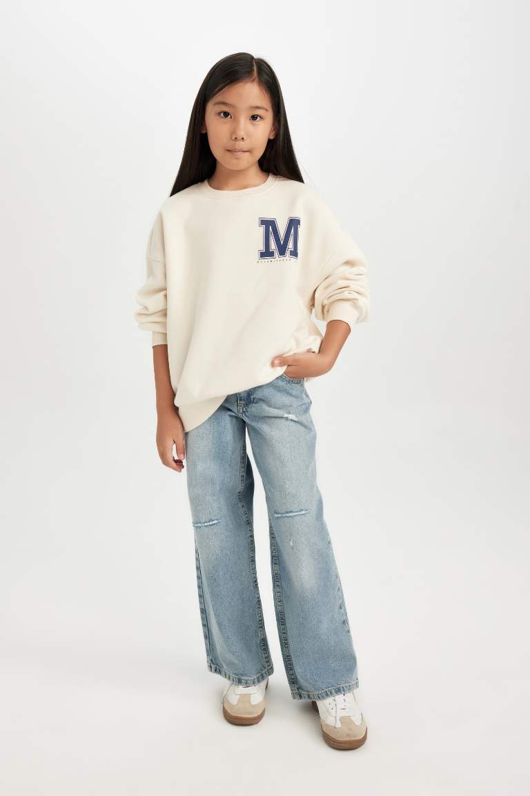 Girl Oversize Fit Crew Neck University Printed Sweatshirt