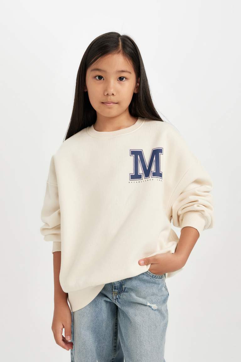 Girl Oversize Fit Crew Neck University Printed Sweatshirt