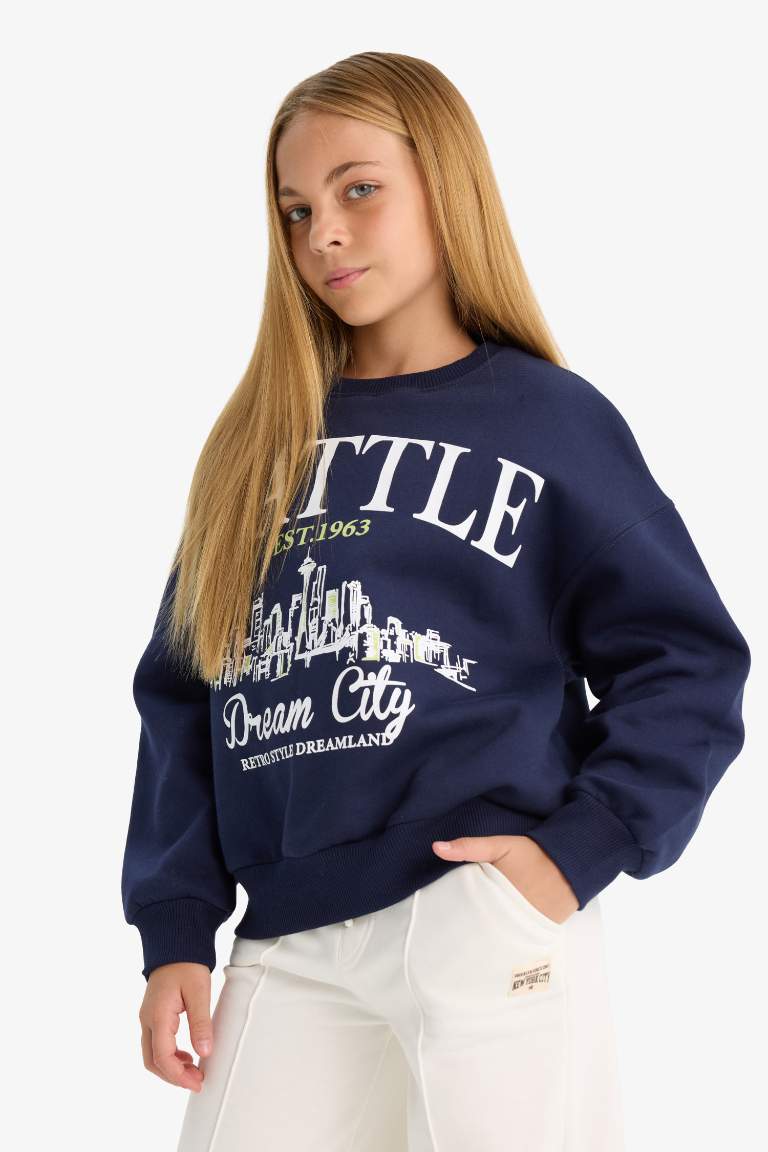 Kız Çocuk Relax Fit Bisiklet Yaka Baskılı Sweatshirt