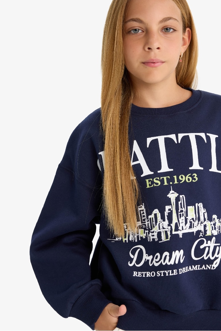 Kız Çocuk Relax Fit Bisiklet Yaka Baskılı Sweatshirt