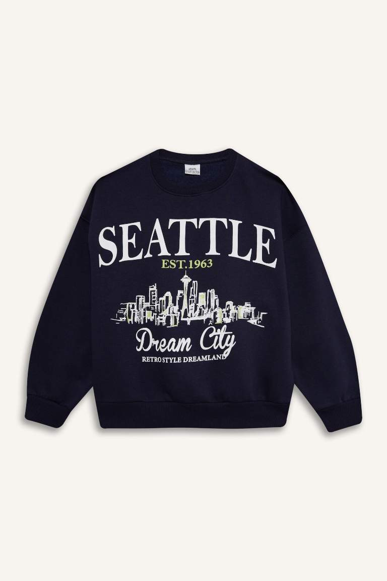 Kız Çocuk Relax Fit Bisiklet Yaka Baskılı Sweatshirt