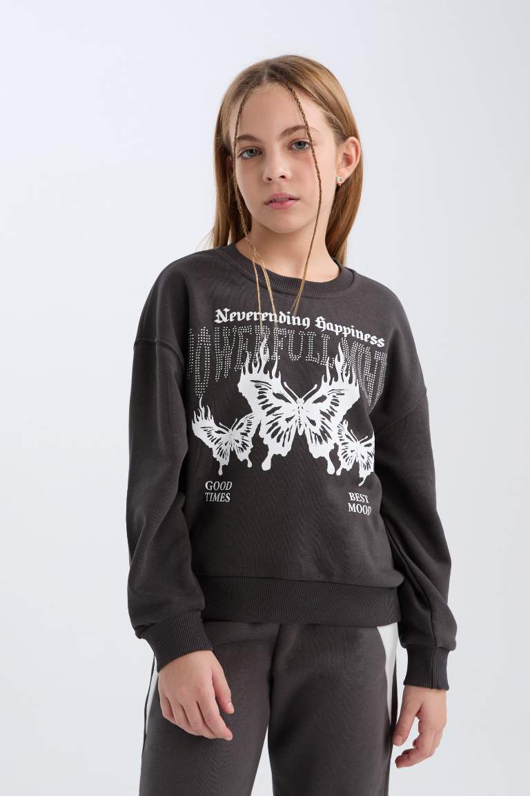 Girl Oversize Fit Pattern Crew Neck Printed Sweatshirt