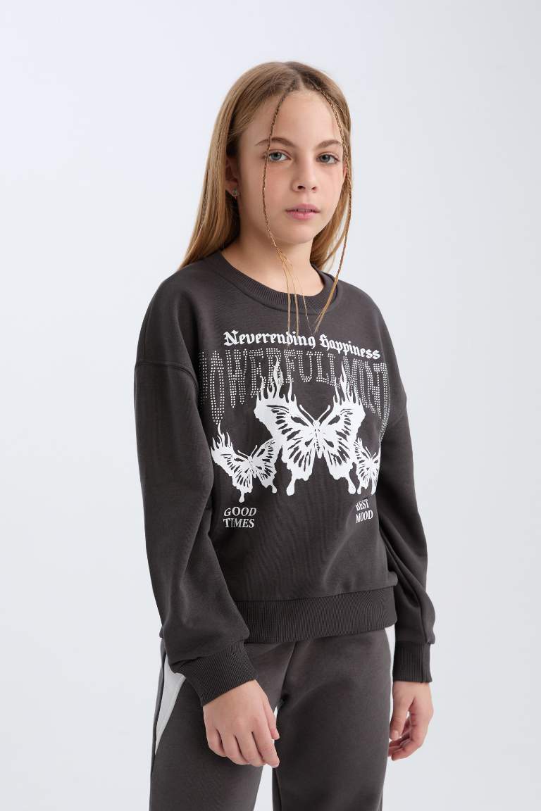 Girl Oversize Fit Pattern Crew Neck Printed Sweatshirt