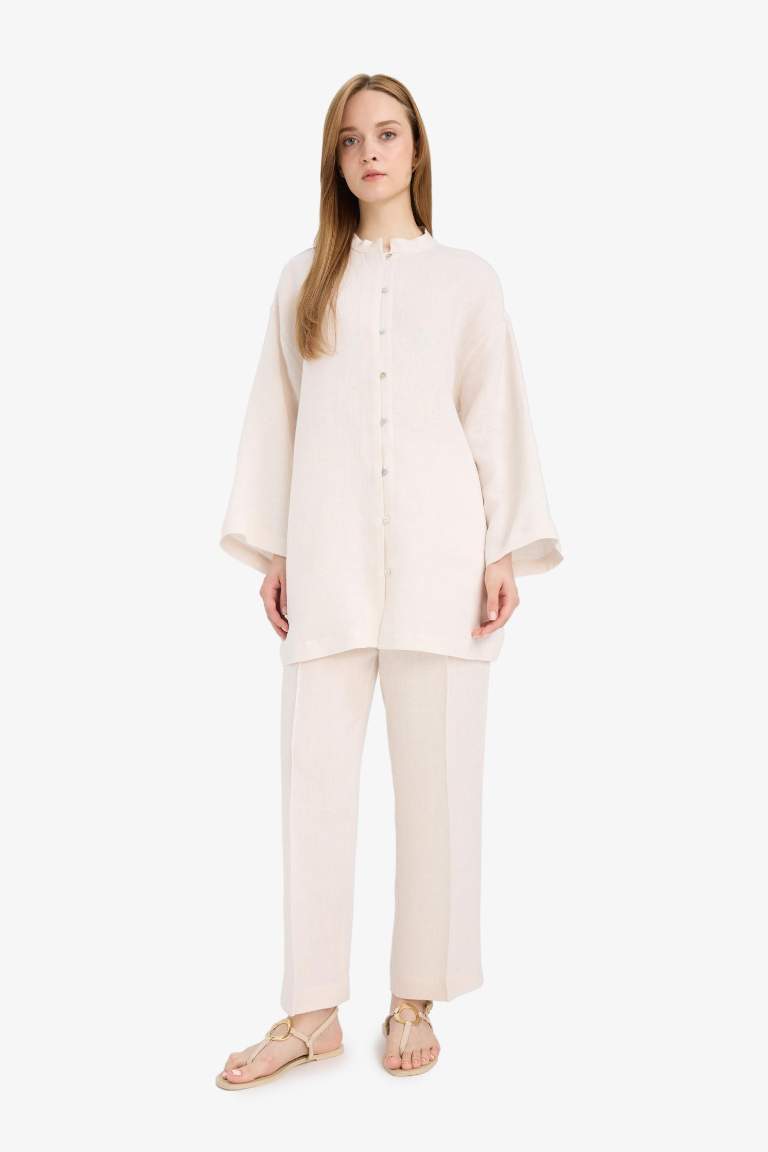 %100 Keten Straight Fit Beli Lastikli Cepli Pantolon