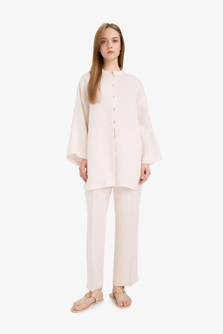 %100 Keten Straight Fit Beli Lastikli Cepli Pantolon