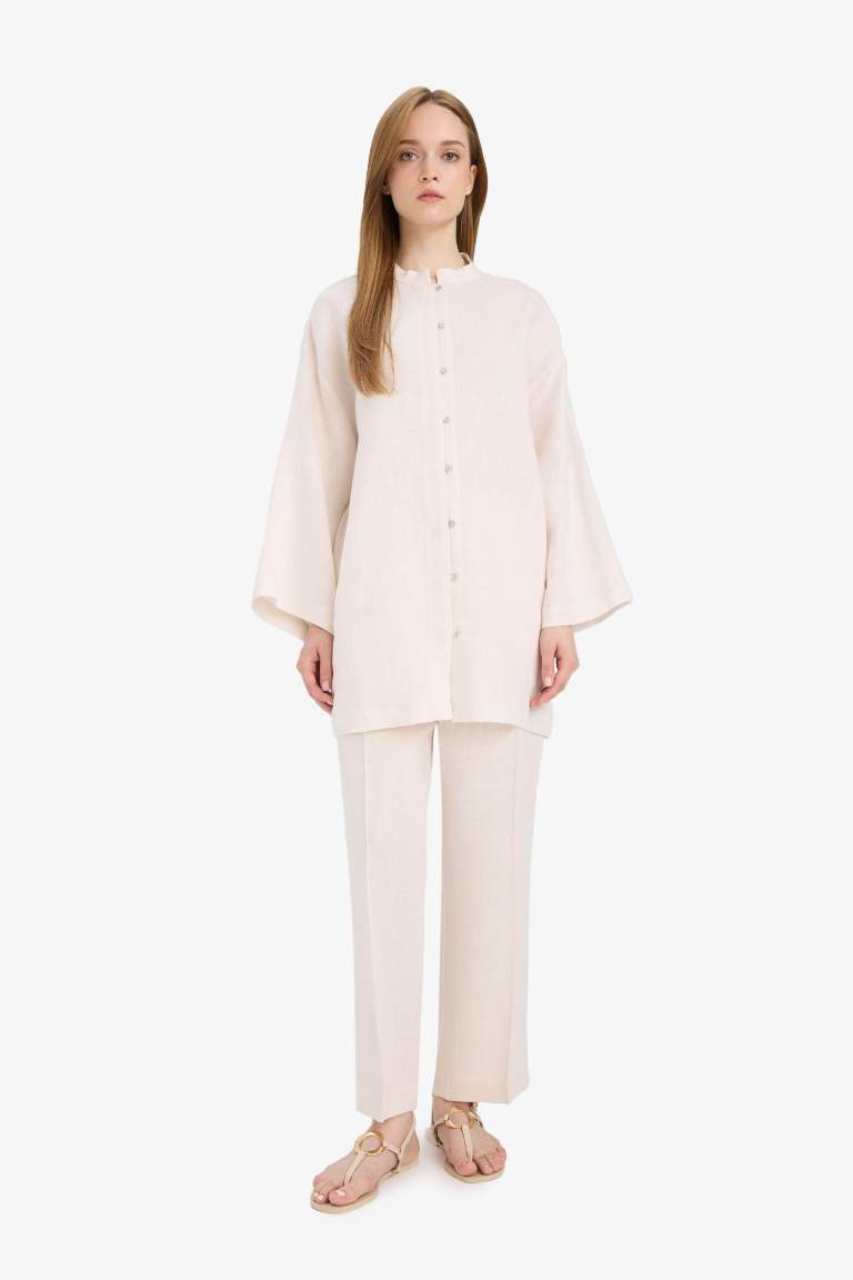 %100 Keten Straight Fit Beli Lastikli Cepli Pantolon