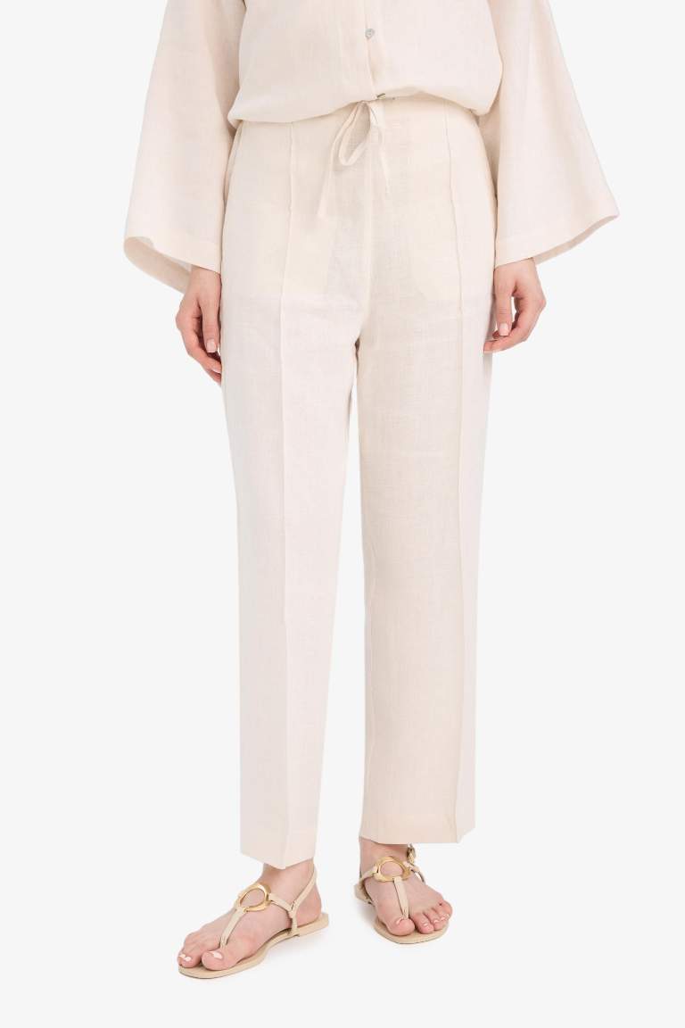 %100 Keten Straight Fit Beli Lastikli Cepli Pantolon